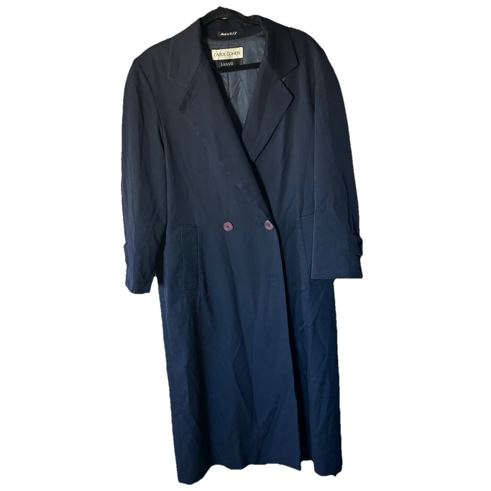 Carol Cohen Sanyo Wool Over Coat Duster Navy‎ Blue Double Button Size 4 USA
